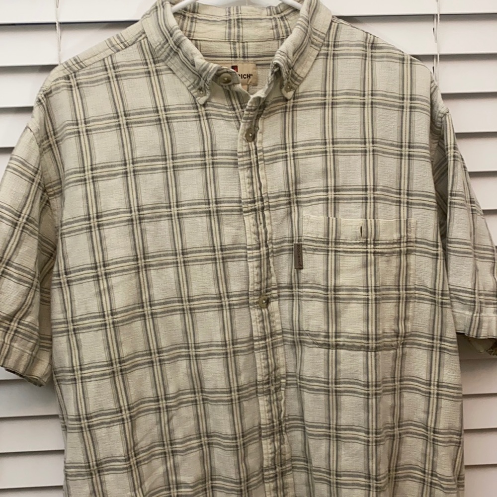 EUC Short sleeve linen shirt men Large plaid beige grey casual attire